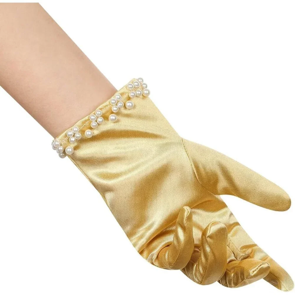 Women's Gold Satin Pearl Short Length Wrist Gloves Wedding Banquet Party Prom